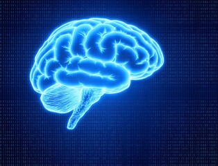 A blue, 3D rendered illustration of a human brain using x-ray and light technology to reveal its abstract anatomy and intelligence