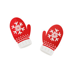 Red winter mittens with white snowflake pattern and fluffy cuffs, vector illustration isolated on transparent background. Christmas designs, seasonal clipart, and festive packaging.
