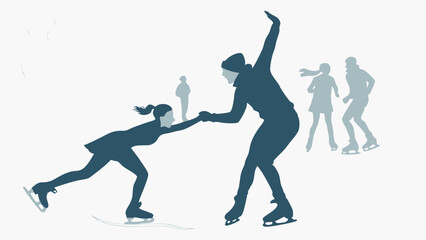 Fototapeta premium Dynamic blue silhouette illustration of an ice skating instructor coaching a beginner student on a rink. Winter sport lesson with figure skaters practicing in background.