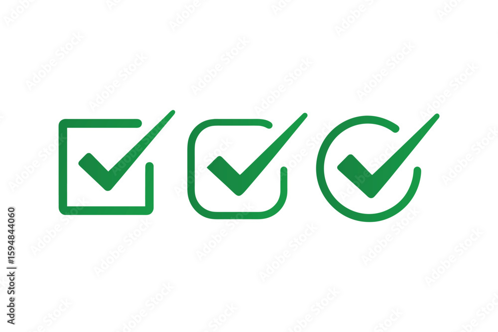 Poster green check mark variations depicting completion or approval in square rounded square and circular s