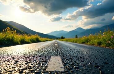 A long empty road stretches into the distance through a scenic mountain landscape