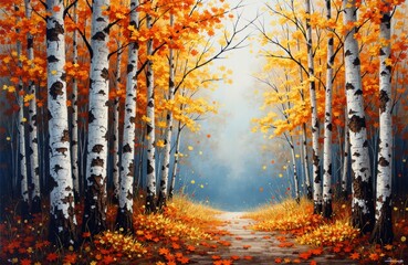 Colorful autumn forest with birch trees and fallen leaves along a peaceful path
