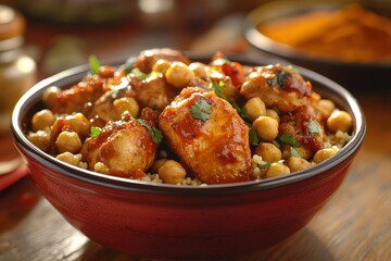 Chicken and chickpea stew over couscous in a bowl.