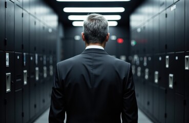 Fototapeta premium A businessman walking through a modern data center corridor with server racks