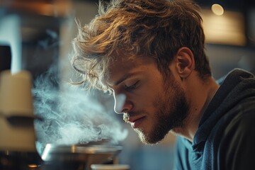 Handsome barista working in a coffee shop, smelling coffee beans and showcasing the sensory experience of preparing quality coffee, Generative AI