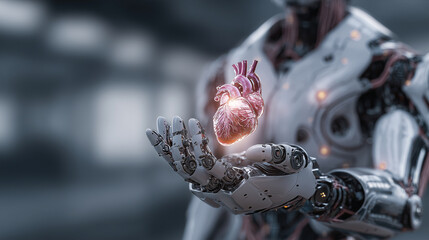 Real heart floating above robot hand.