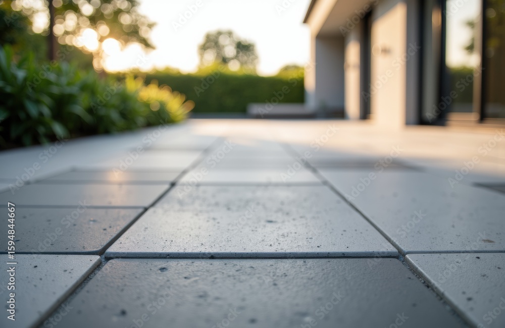 Poster a close-up view of a tiled outdoor patio with modern architecture in the background