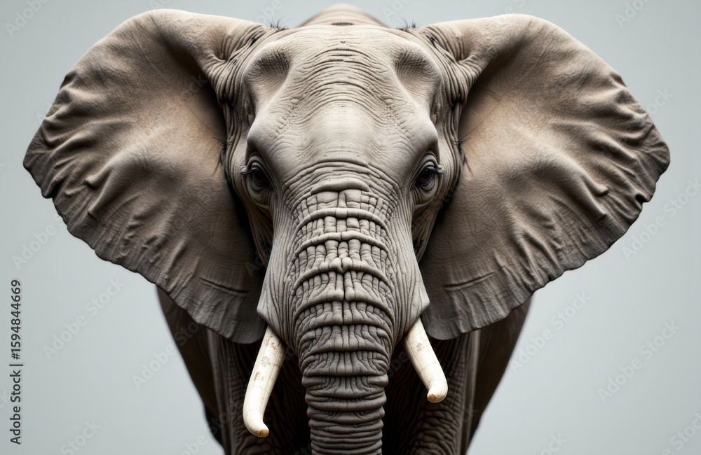 Poster majestic elephant facing forward with large ears and prominent tusks in a studio setting