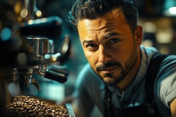 Handsome barista working in a coffee shop, smelling coffee beans and showcasing the sensory experience of preparing quality coffee, Generative AI