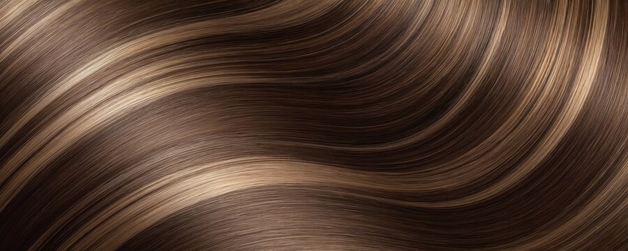 Close-up of silky brown hair with highlights. Lustrous, glossy strands flow in soft waves, natural elegance, healthy shine. Detailed texture with light, dark brownish colors create beautiful contrast.
