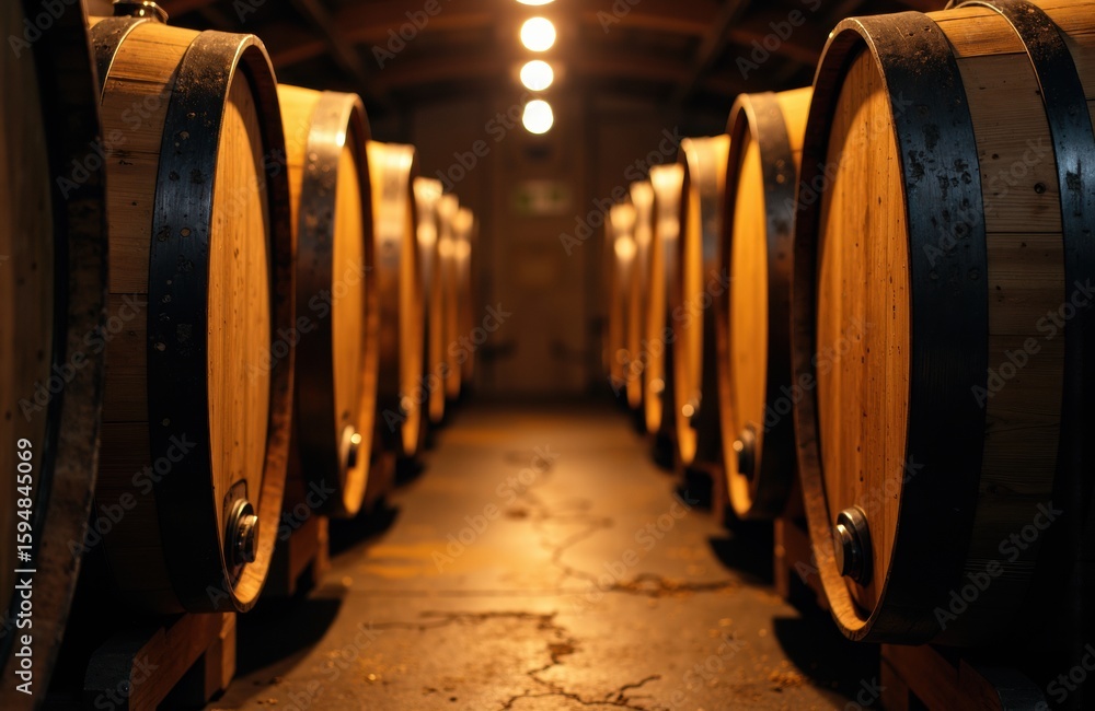 Poster wine barrels lined up in a cellar with warm lighting creating a cozy atmosphere for aging wine