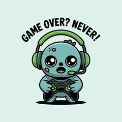Gamer alien with headphones and suit, game over never text, determined controller player, futuristic cartoon character  