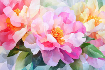 Colorful peony flowers stained glass style, showcasing vibrant hues and delicate petals, evoke sense of beauty and tranquility