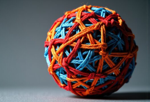 Colorful rubber band ball with intertwined strands on a neutral background