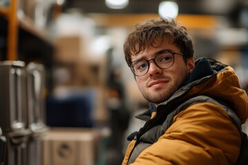 Young man with Down syndrome working in an industrial factory, highlighting social integration and the inclusive environment in a modern workplace, Generative AI