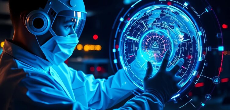 Technician interacts with futuristic digital globe interface,   cybersecurity,  ai