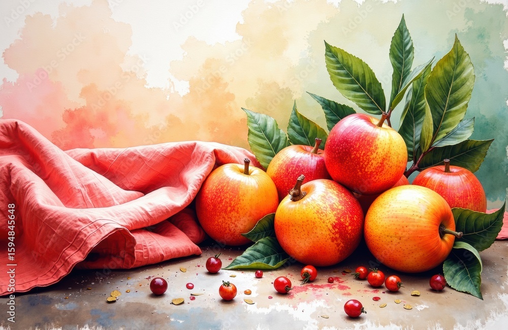 Poster fresh apples with green leaves and scattered berries on a rustic surface with a soft watercolor back