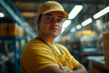 Young man with Down syndrome working in an industrial factory, highlighting social integration and the inclusive environment in a modern workplace, Generative AI