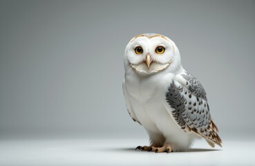 Obraz premium A snowy owl standing on a plain surface with a neutral gray background