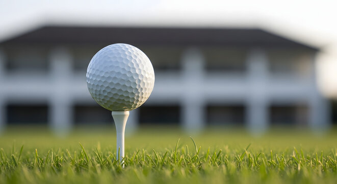 Golf ball sits poised on a tee amidst lush green grass, with a blurred clubhouse in the background, ready for a perfect swing.