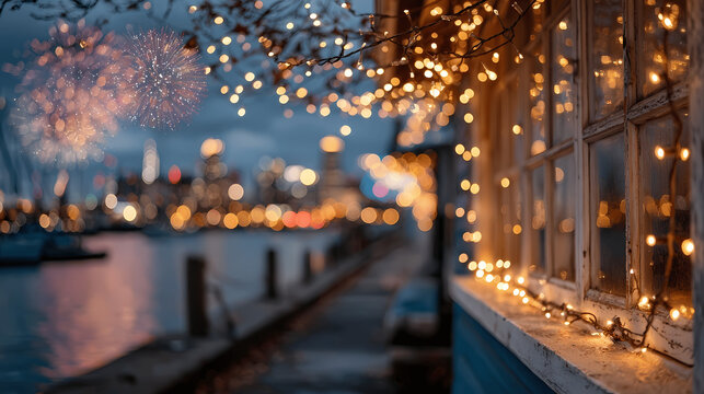 Fireworks explode over a city harbor during a festive holiday celebration.