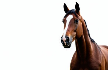 Obraz premium Close-up of a brown horse with a white blaze on its face against a white background