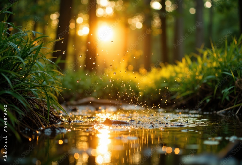 Poster sunlight filters through trees illuminating a peaceful stream with shimmering water and floating par