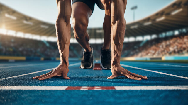 AI-generated illustration of a male sprinter in starting position on a blue running track. Close-up of hands and legs, stadium background, tension before the race. Concept of power, speed, and focus.
