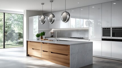 Modern design kitchen with ultra-white cabinetry, seamless grey marble counters, honey-maple island with concealed drawers, oval chrome pendant lights.
