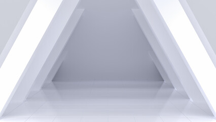 Obraz premium 3D illustration of a minimalistic white hallway with angular symmetrical design elements.