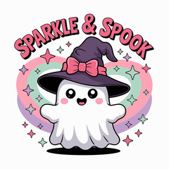 Pink spell ghost with polka hat and hearts, sparkle and spook look, dreamy floating spirit with magic charm vector character  