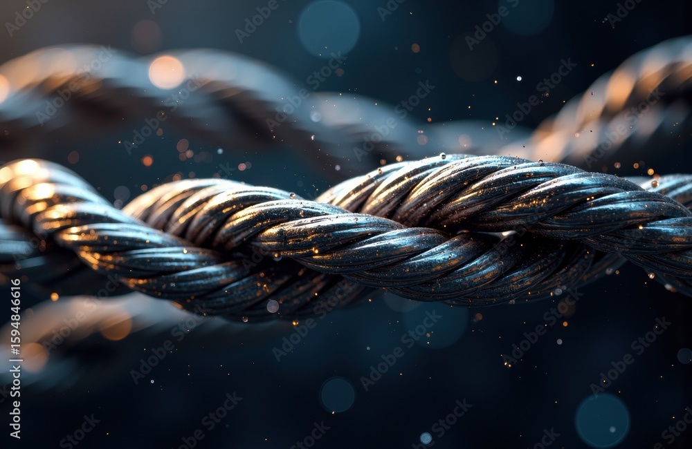 Poster close-up of a twisted metal rope with sparks and bokeh effects in the background