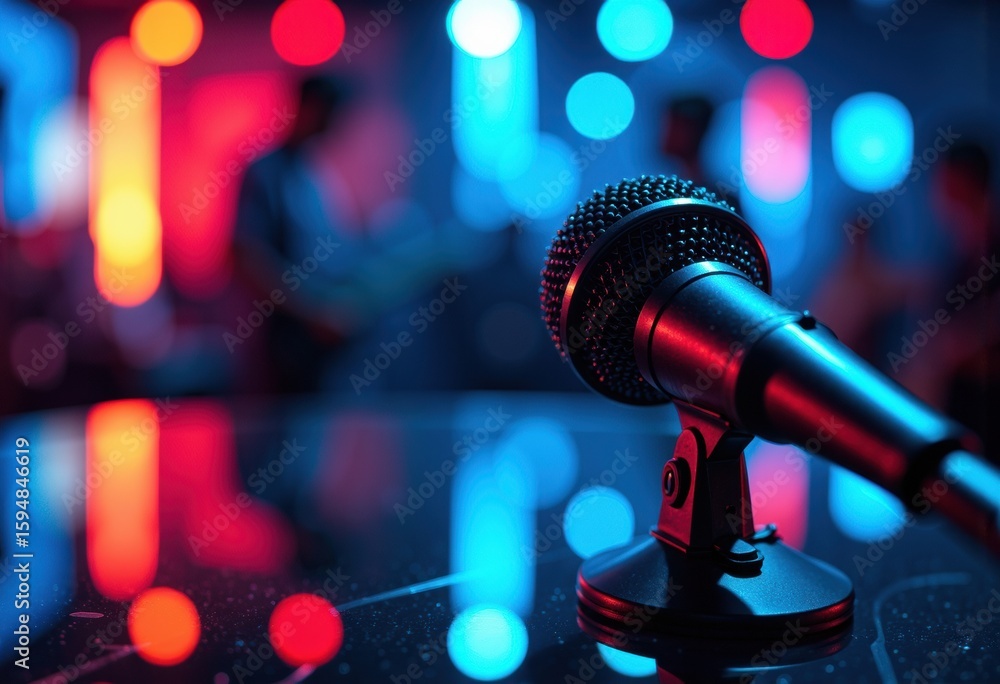 Poster close-up of a microphone on a colorful stage with vibrant bokeh lights in the background