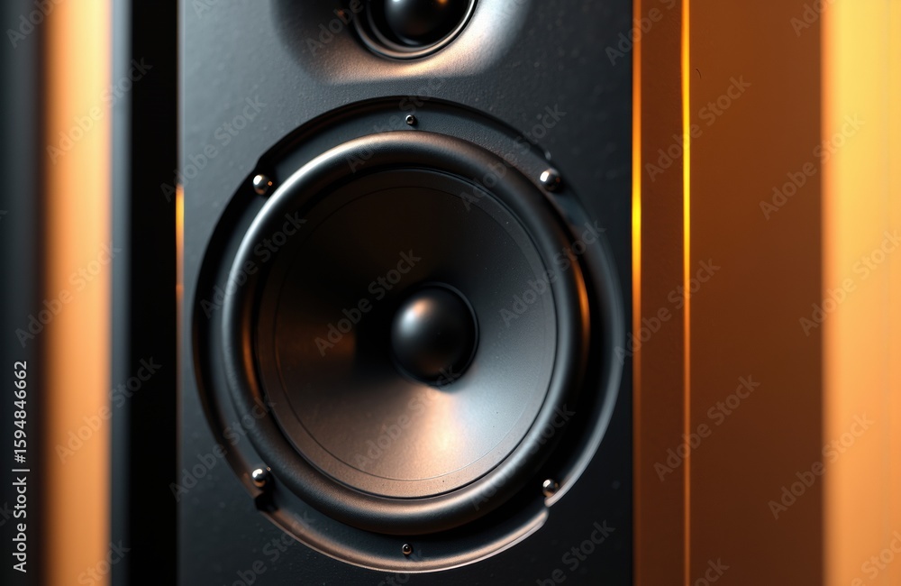Poster a close-up of a black speaker with a large woofer and a smaller tweeter on a dark background