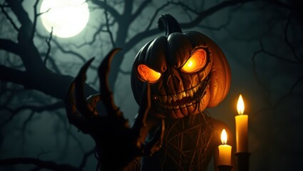 Spooky halloween pumpkin head jack o lantern with glowing eyes and scary hand reaching out
