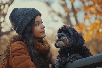 Multiracial girl resting with her dog outside on a bridge, training the dog, and spending leisure time together, highlighting the bond between a teenager and their pet, Generative AI