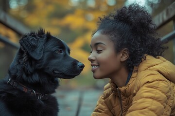 Multiracial girl resting with her dog outside on a bridge, training the dog, and spending leisure time together, highlighting the bond between a teenager and their pet, Generative AI