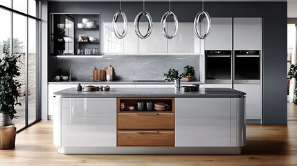 Modern design kitchen with ultra-white cabinetry, seamless grey marble counters, honey-maple island with concealed drawers, oval chrome pendant lights.