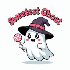 Happy ghost holding a lollipop with pink witch hat, sweetest ghost phrase, adorable Halloween treat character cartoon  