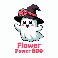 Lovely ghost wearing floral witch hat with smile, flower power boo message, Halloween blossom spirit, soft pastel colors  