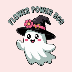 Ghost with petal hat and blush, flower power boo lettering, cute magical aura, enchanted cuteness Halloween concept  