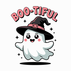 Winking ghost under pink boo-tiful text, wearing a witch hat with sparkles, cute Halloween charm cartoon vector  