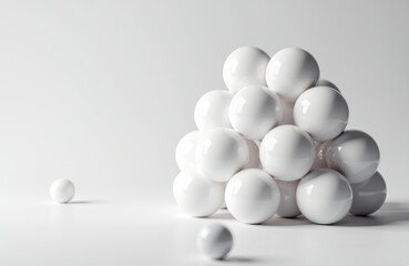 A cluster of white spheres stacked together with a few scattered on a plain white background