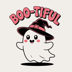 Cheerful ghost holding arms out mid float, red boo-tiful title arch, black hat with pink band, magical Halloween friend vector  