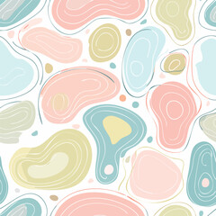 Abstract seamless pattern featuring organic shapes, pastel colors, and delicate outlines.