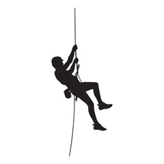 Silhouette of a rock climber rappelling down a rope isolated on white background