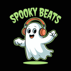 Obraz premium Charming ghost enjoying music under red headphones, spooky beats message and raised hand, night party haunt style 