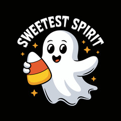 Sweet smiling ghost holding a candy corn, sweetest spirit phrase with tiny yellow sparkles, spooky-sweet night character  