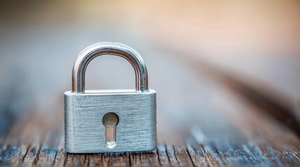 Close up of silver padlock resting on wooden surface, symbolizing security and protection against risks