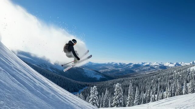 Man backcountry skiing down a hill in a clear day with fresh snow. Ski tourer on a snow mountain, recreation outdoor activity footage.